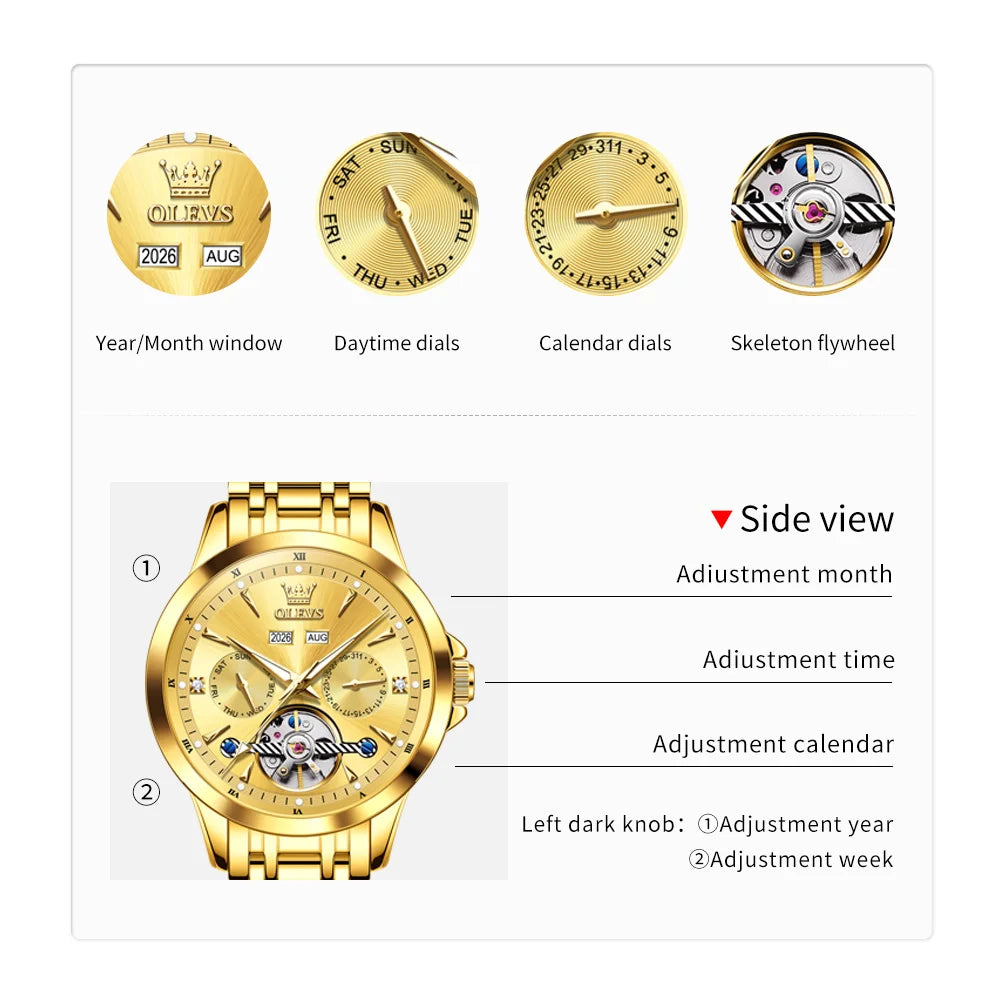 OLEVS 7091 Men's Watch Fashion Automatic Mechanical Watches For Man Top Brand Original Waterproof Luminous  Man Hand Clock Reloj