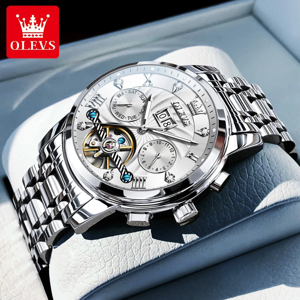 OLEVS 9910 Man Watch Luxury Business Mechanical Watch For Men Hollow Roman Scale Waterproof Luminous Calendar Men's Hand Clock