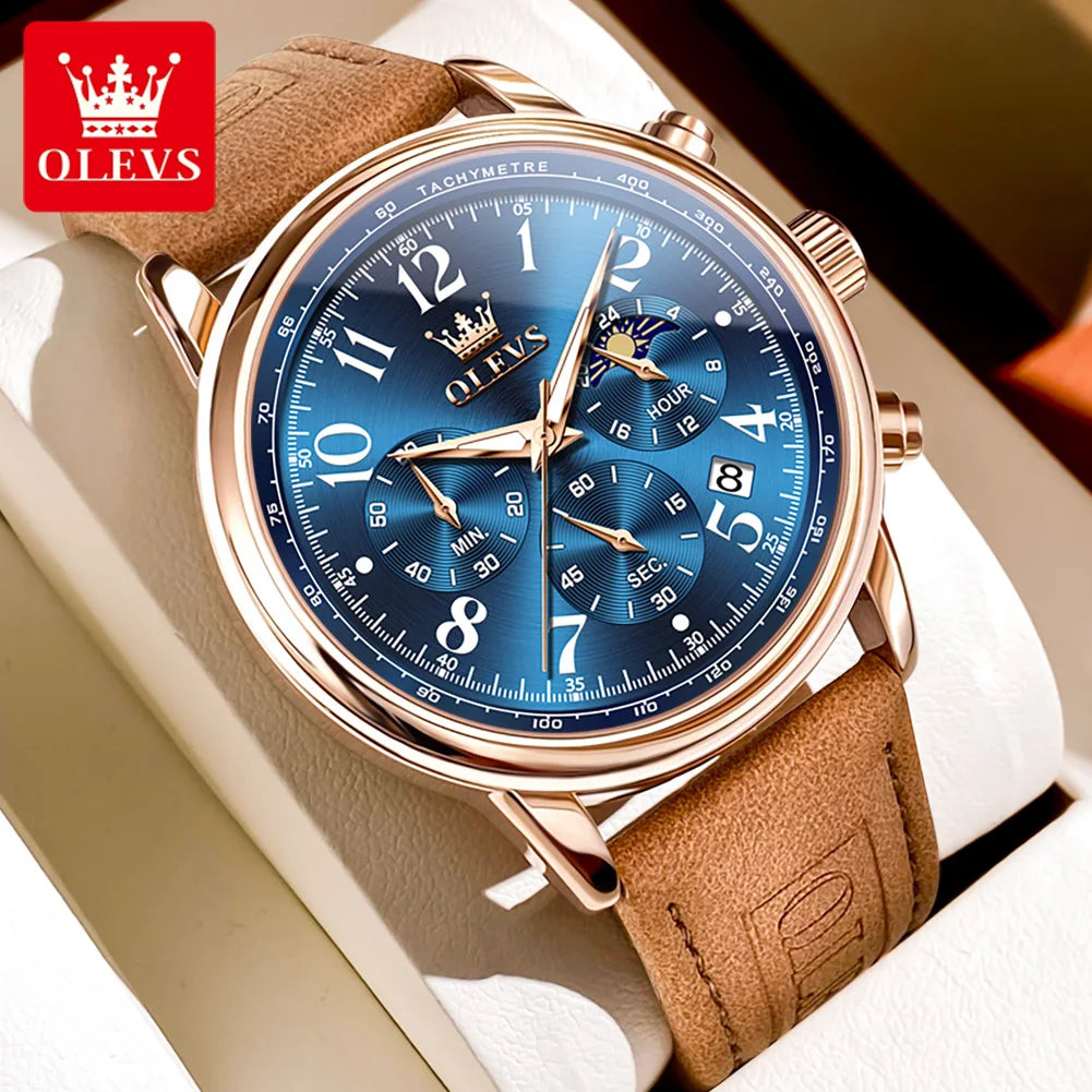 OLEVS 2912 Sport Chronograph Quarz-Uhr für Herren Mondphase Ziffer 43mm Großes Zifferblatt Herrenuhren Wasserdicht Original Armbanduhr