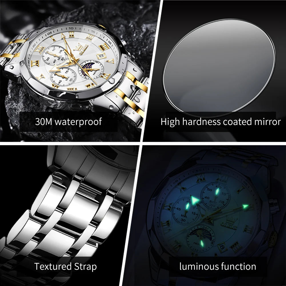 OLEVS 3675 Uhr für Herren, römische Ziffern, luxuriöses Rhombus-Spiegel-Chronograph, Herren-Armbanduhr, Mondphase, Datum, wasserdichte Quarzuhr