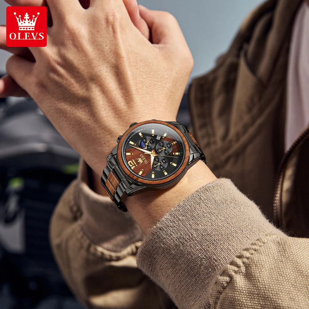OLEVS 3645 Quarzuhr für Herren, modischer Chronograph, Stahl-Holz, 44 mm, großes Zifferblatt, Zeigeruhr, Mondphase, wasserdicht, leuchtende Herrenuhr