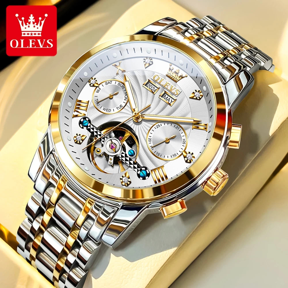OLEVS 7088 Men's Watch Fashion Calendar Mechanical Watch For Men Original Hollow Steel Strap Business Wristwatch Deep Waterproof