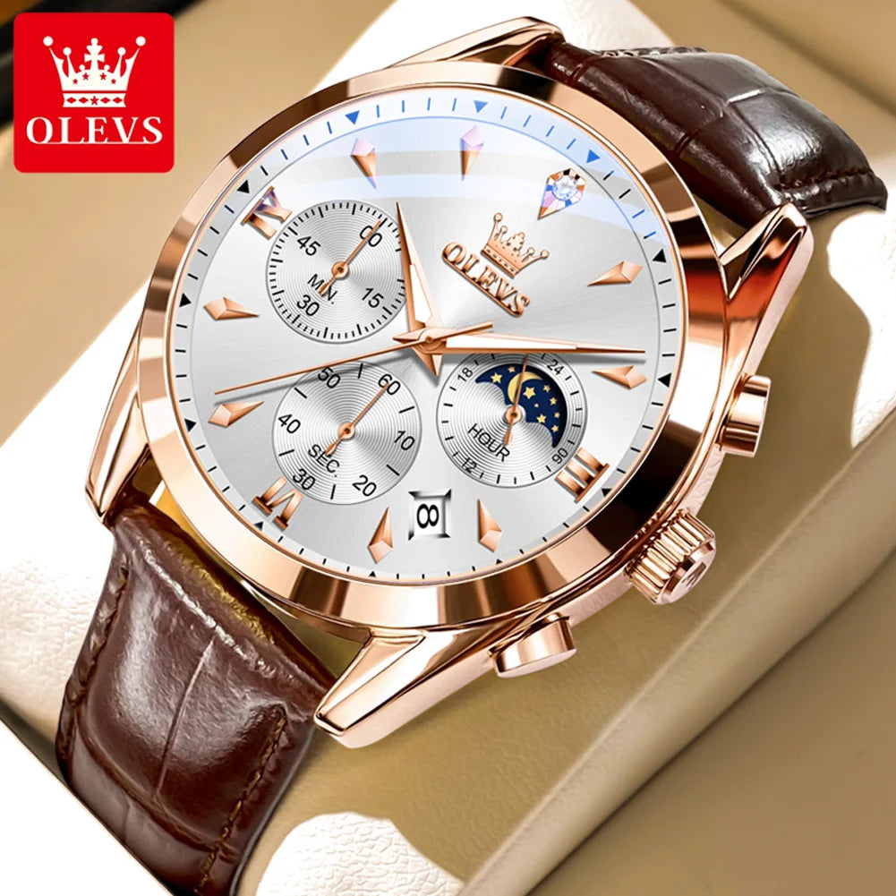 OLEVS 3609 Armbanduhr für Herren, modisch, Kalender, wasserdicht, leuchtend, für Herren, Chronograph, Mondphase, Quarz, Business-Herrenuhren