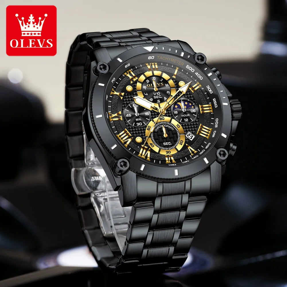 OLEVS 3689 Quarzuhr Herren Mode Original 47mm Großes Zifferblatt Römische Skala Mondphase Uhr Für Herren Kalender Wasserdicht Armbanduhr