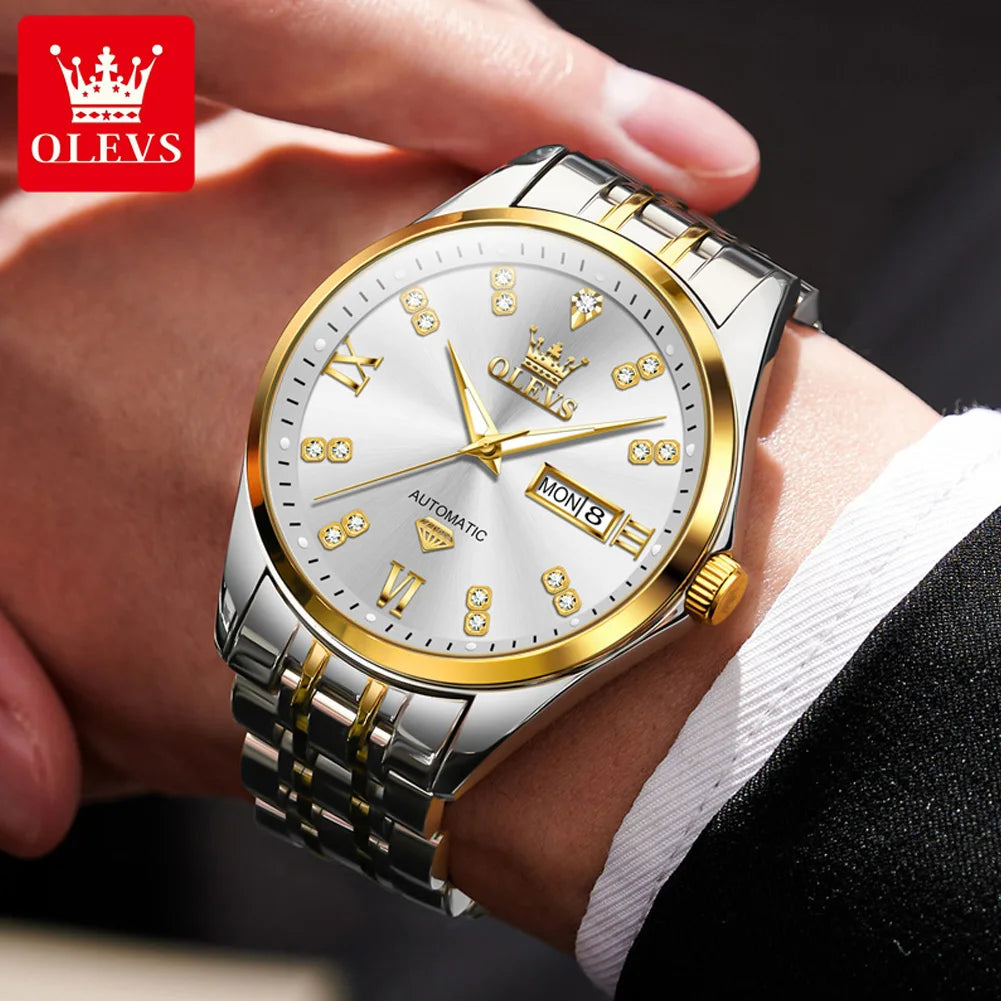 OLEVS 9801 Men Watch Waterproof Dual Calendar Luxury Mechanical Watch For Men Diamond Scale Stainless Steel Automatic Hand Clock