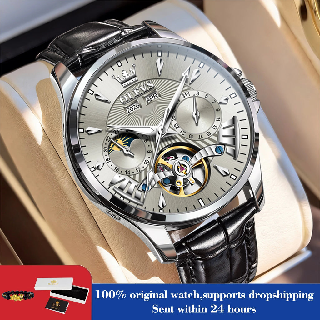 OLEVS 7103 Men's Watch Flywheel Automatic Mechanical Wristwatch Waterproof Perpetual Calendar Moon Phase Watches For Men Classic