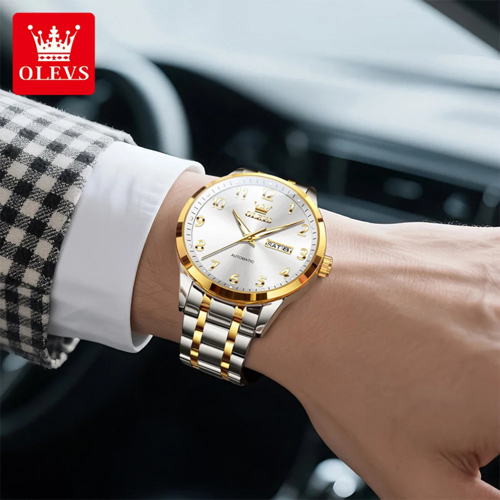 OLEVS 7078 Man Automatic Watch Top Brand Dual Calendar Mechanical Watch For Men Number Scale Business Hand Clock Steel Strap
