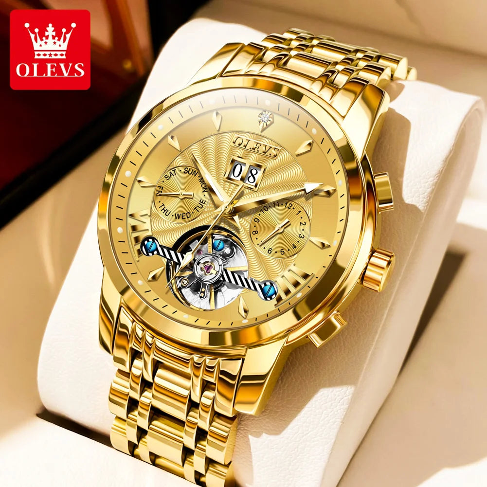 OLEVS 9965 Automatic Watch For Men Skeleton Flywheel Waterproof Men's Watches Week Calendar Luxury Man Mechanical Wristwatch