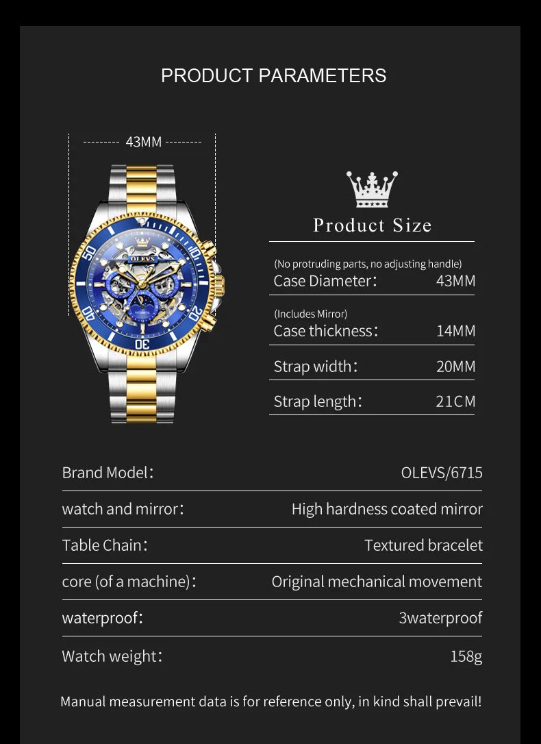 OLEVS 6715 Men Automatic Watches Top Brand Auto Date Hollow Mechanical Watch For Men Luxury Deep Waterproof Luminous Hand Clock