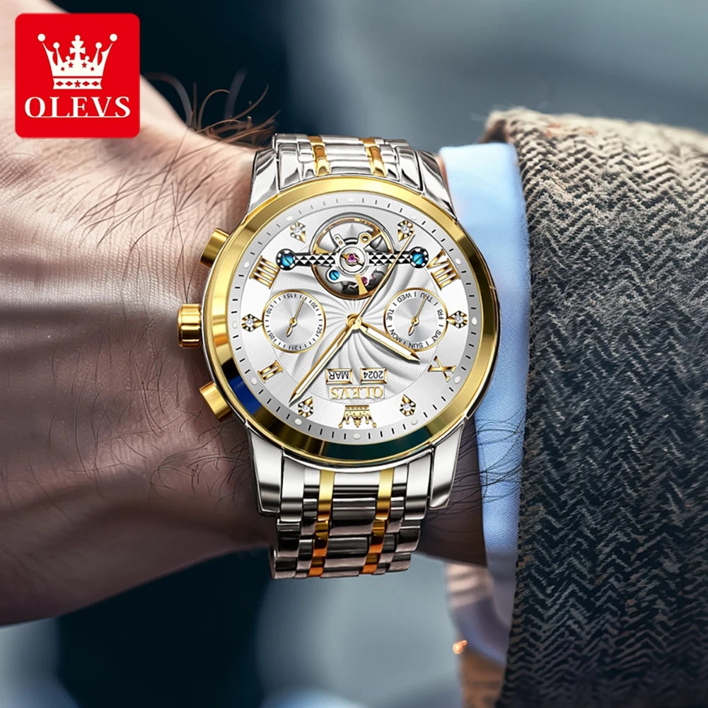 OLEVS Erkek Kol Saati Moda Takvim Mekanik Saat Erkekler İçin Orijinal İçi Boş Çelik Kayış İş Kol Saati Derin Su Geçirmez 7088
