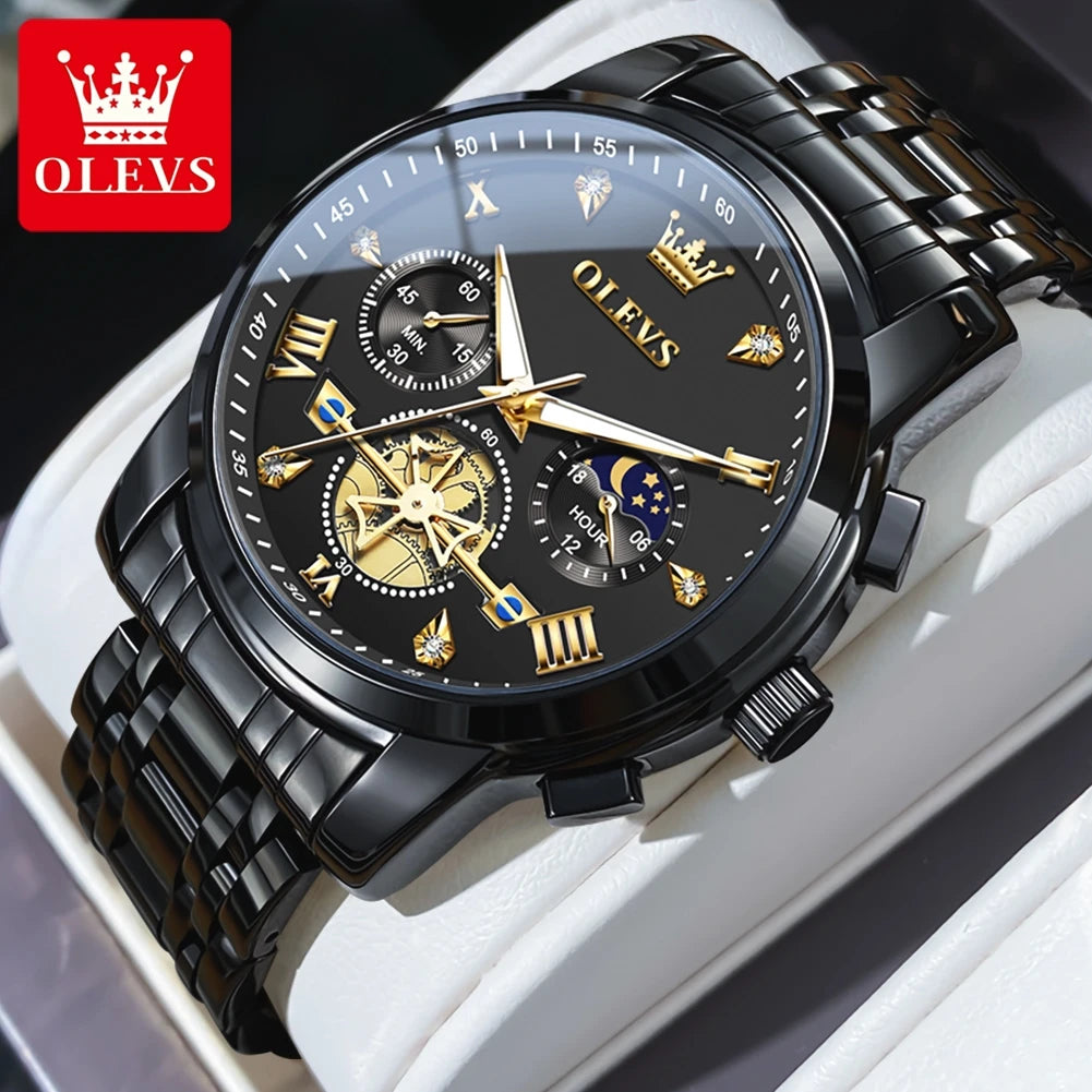 OLEVS 42mm Herrenuhr mit großem Zifferblatt, Mondphase, 24-Stunden-Anzeige, wasserdichte Quarz-Herrenarmbanduhr, Original Luxus Armbanduhr 2856