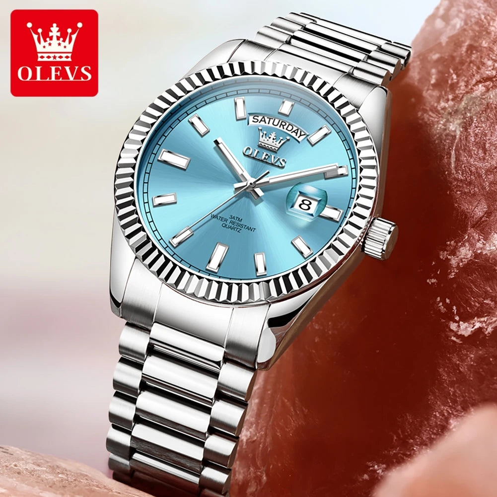 OLEVS 5650 Watches For Man Original Chronograph Date Quartz Watch Steel Strap Waterproof Luminous Top Brand Mens Watch Gifts