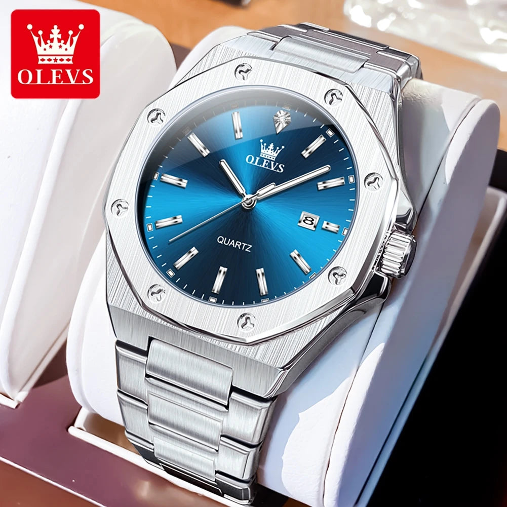 OLEVS 3613 Uhr für Herren, original luxuriös, Datum, Leuchtzeiger, Quarz, Business, Armbanduhr, wasserdicht, Edelstahlarmband, Herrenuhr