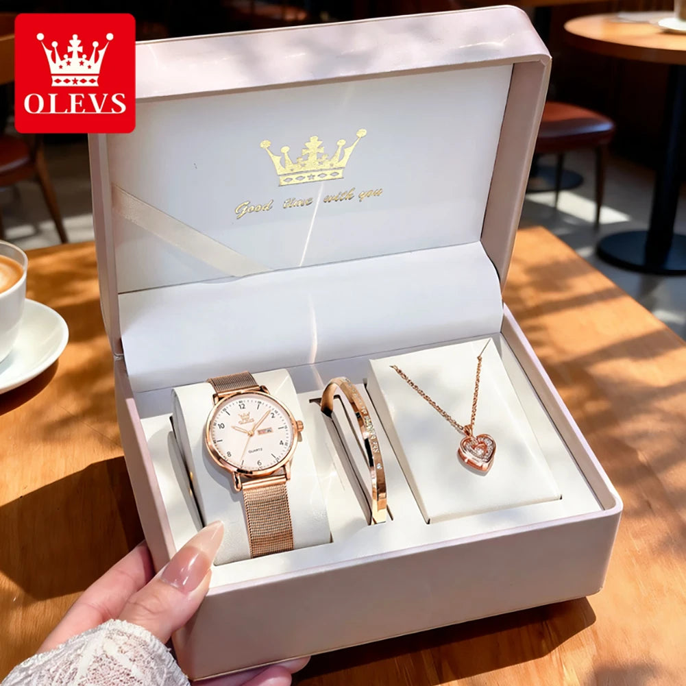 OLEVS 2996 Damenuhren Original Elegante schmale Quarzuhr Wasserdicht Dual-Kalenderanzeige Uhren für Damen Geschenkbox Reloj