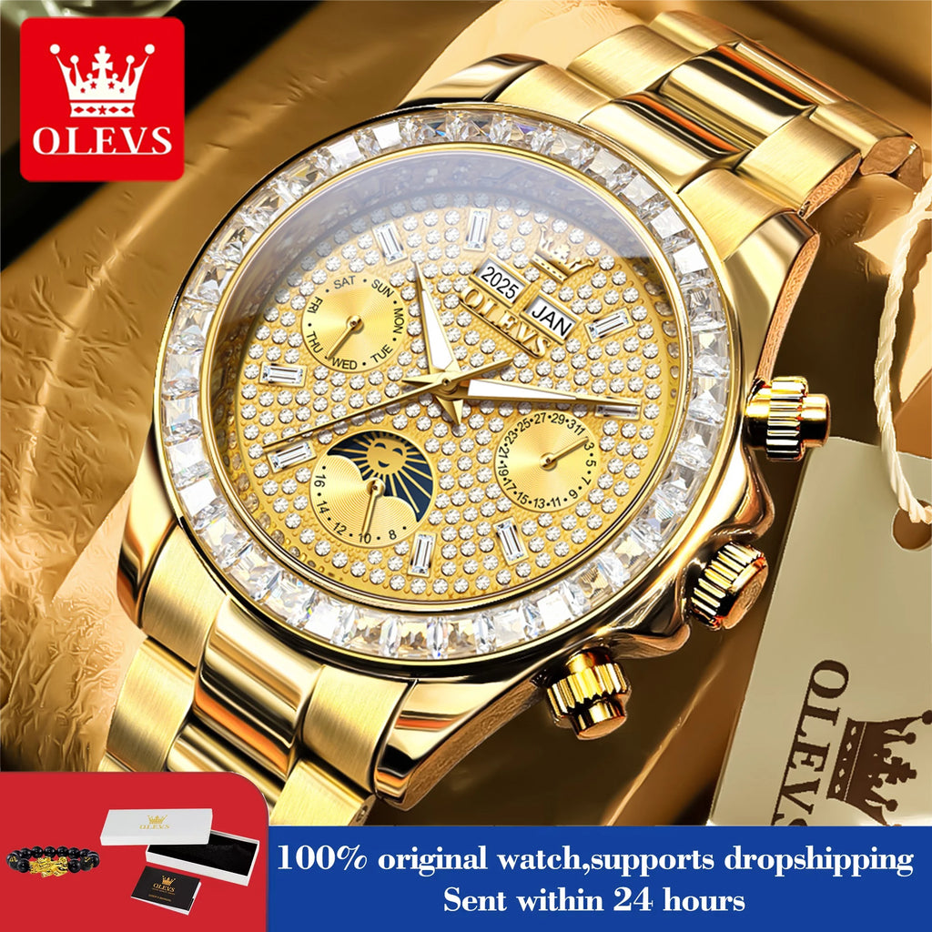 OLEVS 7038 Luxury Diamond Mechanical Watch For Men Moon Phase Auto Date Man Hand Clock 30M Waterproof Stainless Steel Men Watch