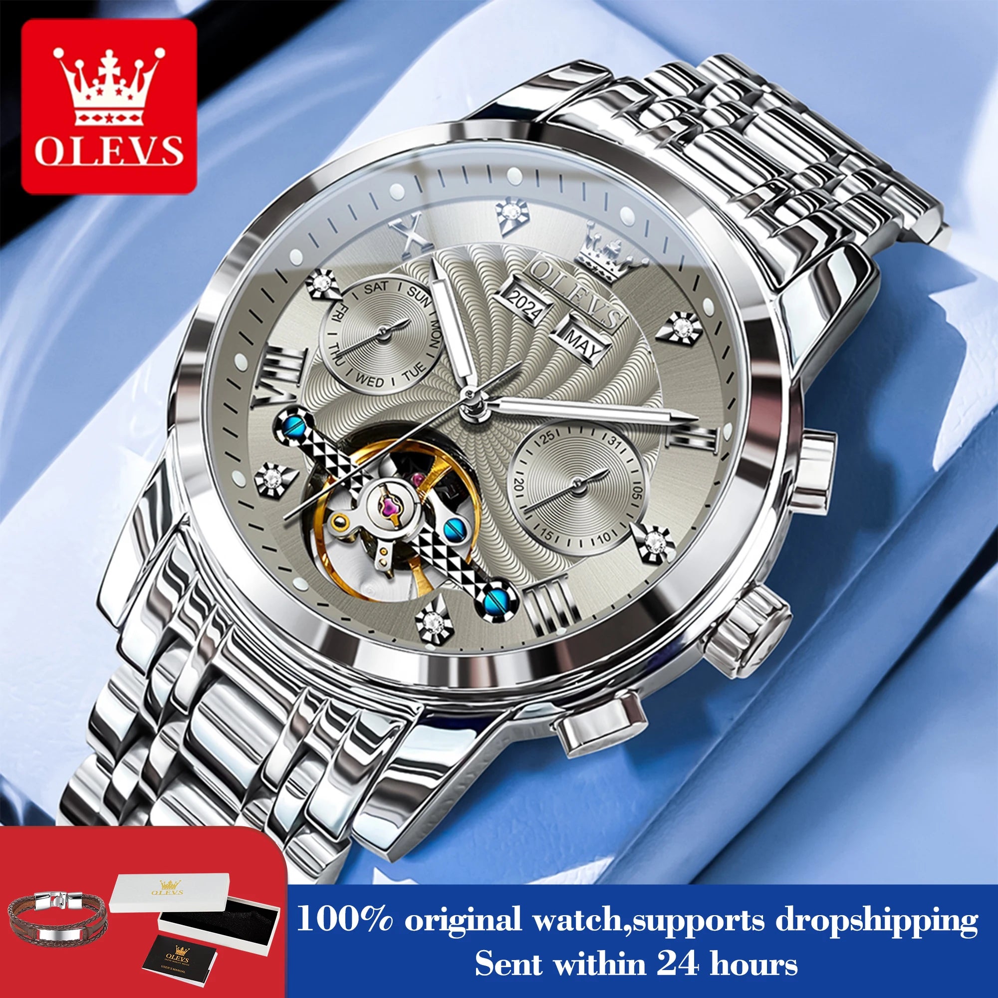 OLEVS 7088 Men's Watch Fashion Calendar Mechanical Watch For Men Original Hollow Steel Strap Business Wristwatch Deep Waterproof