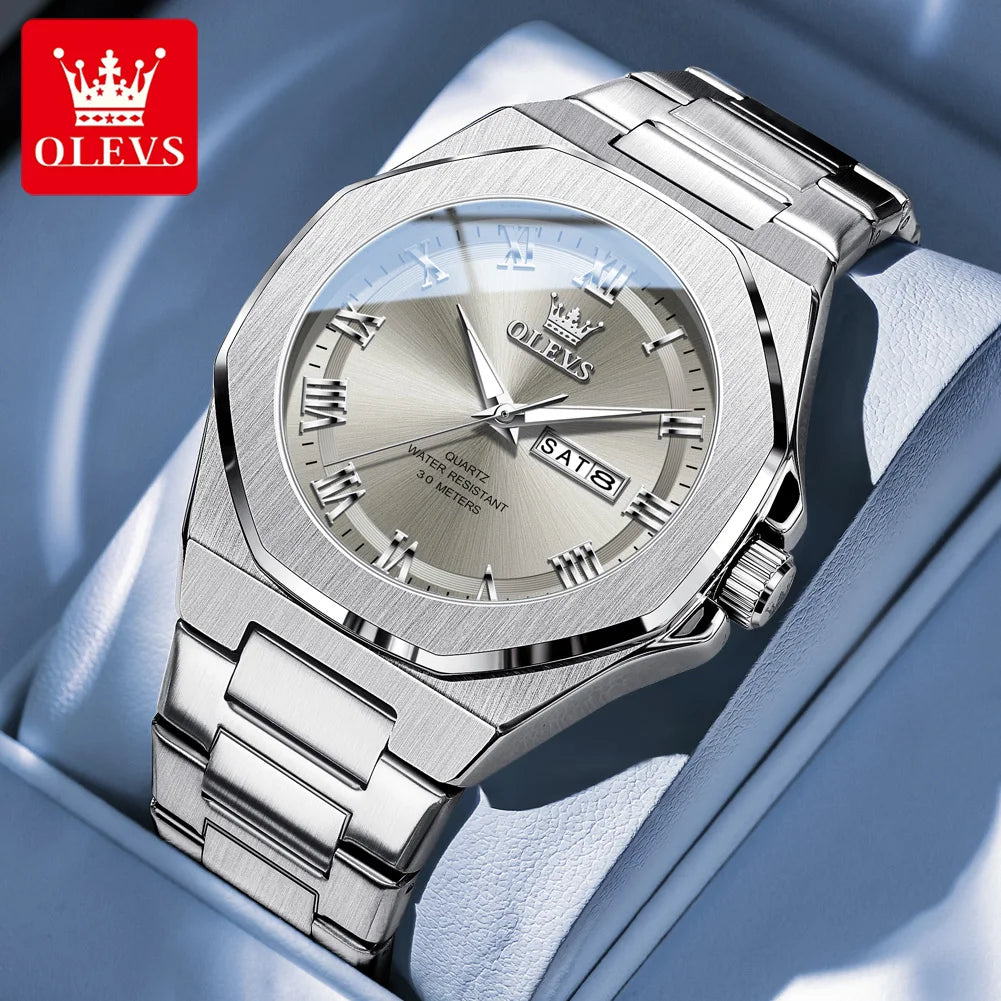 OLEVS 3727 Herrenuhren Wasserdicht Leuchtend Wochentag Datum Quarzuhr Edelstahl Luxusuhren für Männer Hochwertige Uhr