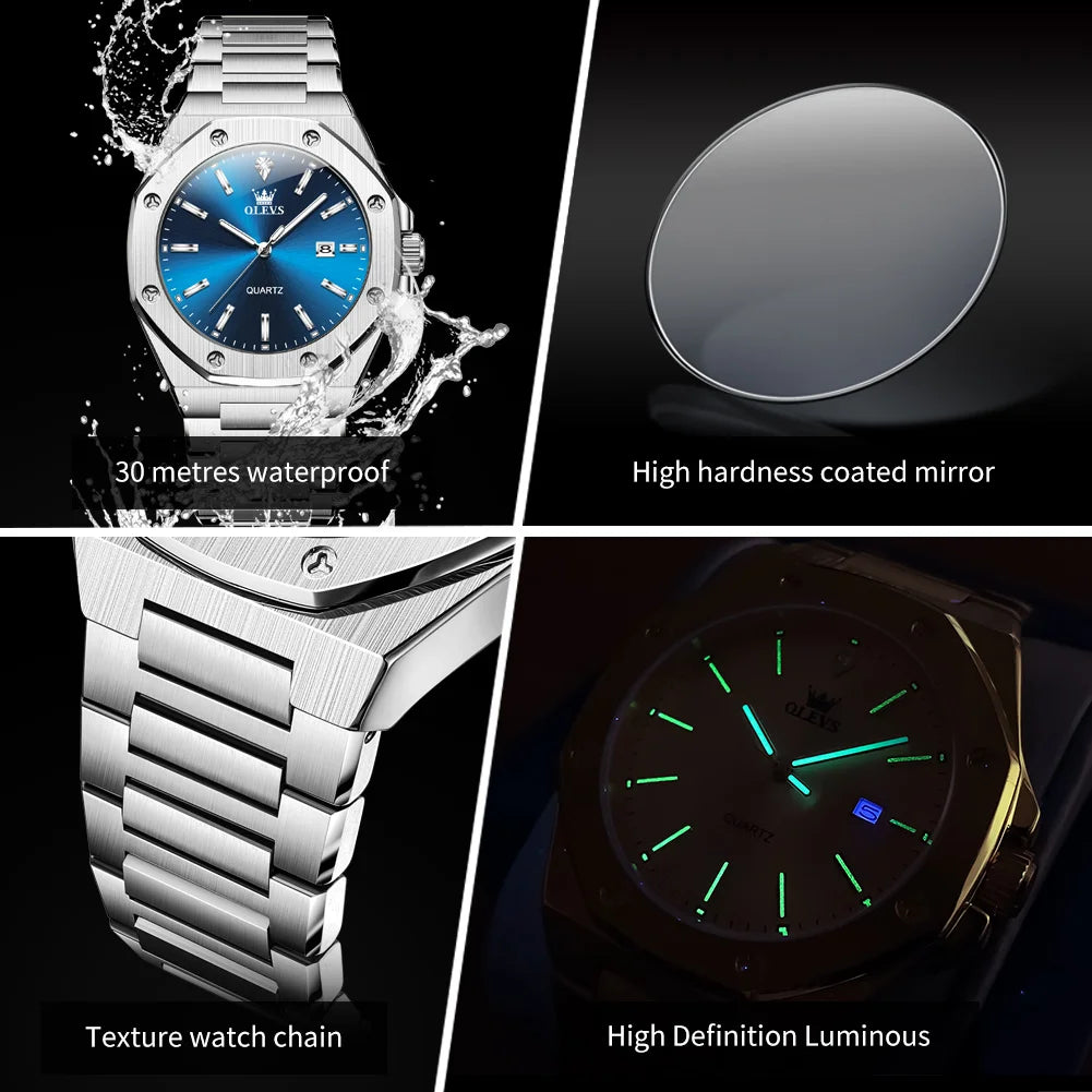 OLEVS 3613 Uhr für Herren, original luxuriös, Datum, Leuchtzeiger, Quarz, Business, Armbanduhr, wasserdicht, Edelstahlarmband, Herrenuhr