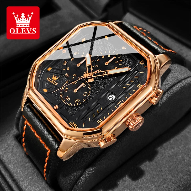 OLEVS İş Gündelik Moda Saat Kare Kuvars Kol Saati Deri Tarih Erkek Saatleri Su Geçirmez Işıklı Erkek Saatleri 9950