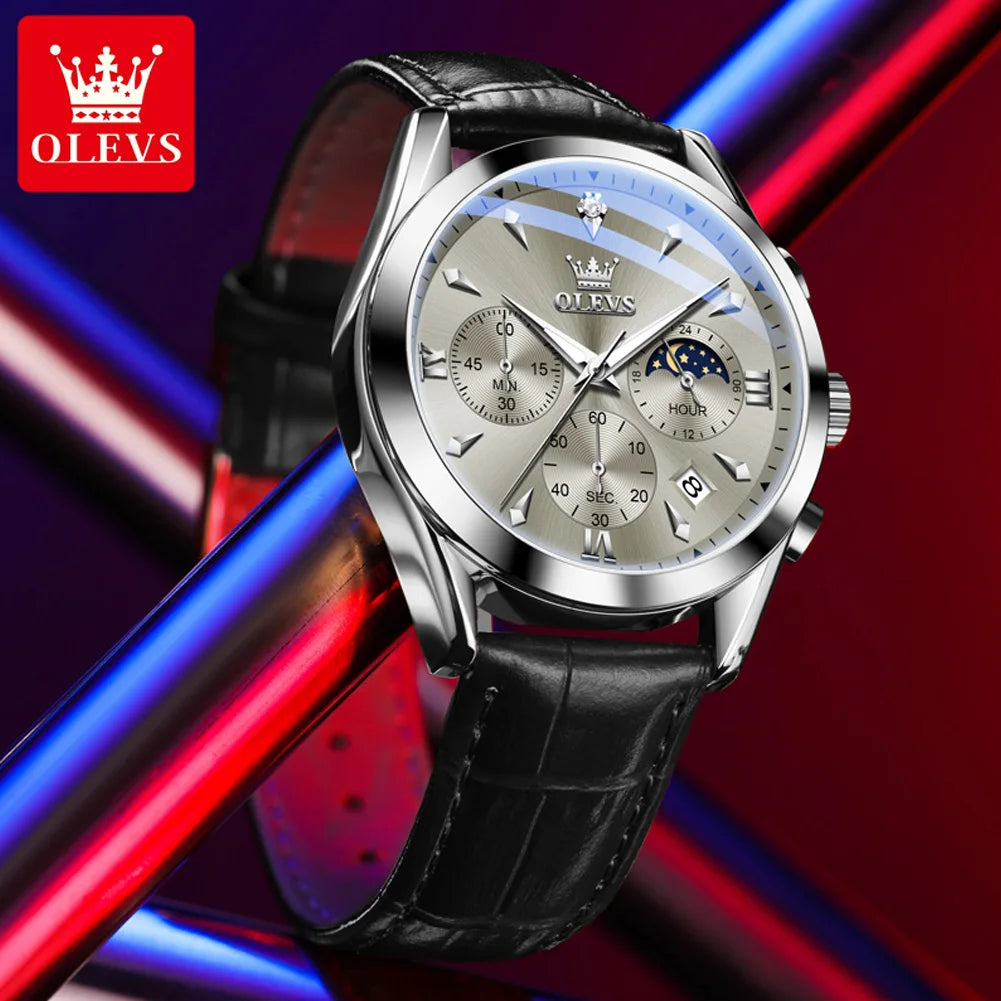 OLEVS 3609 Armbanduhr für Herren, modisch, Kalender, wasserdicht, leuchtend, für Herren, Chronograph, Mondphase, Quarz, Business-Herrenuhren
