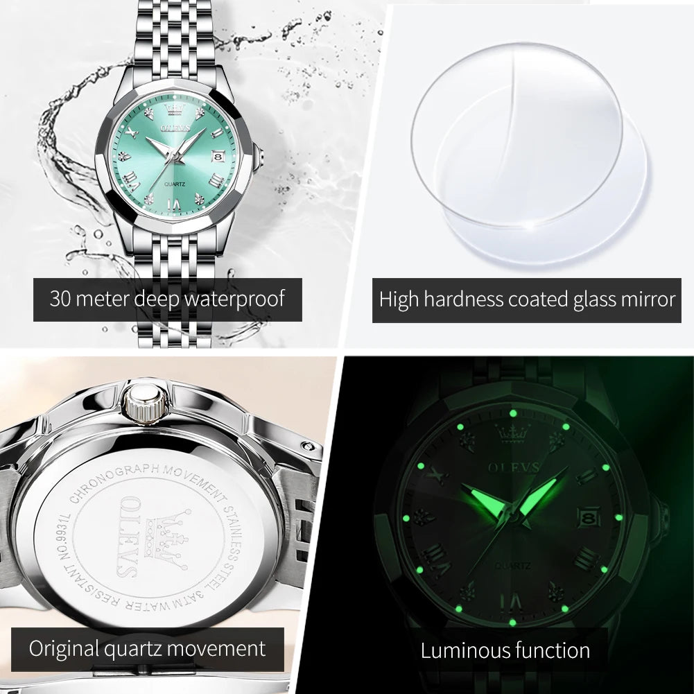 OLEVS 9931 Original Quartz Watches For Woman Rhombus Mirror Waterproof Luminous Stainless Steel Wrist Watches Calendar New
