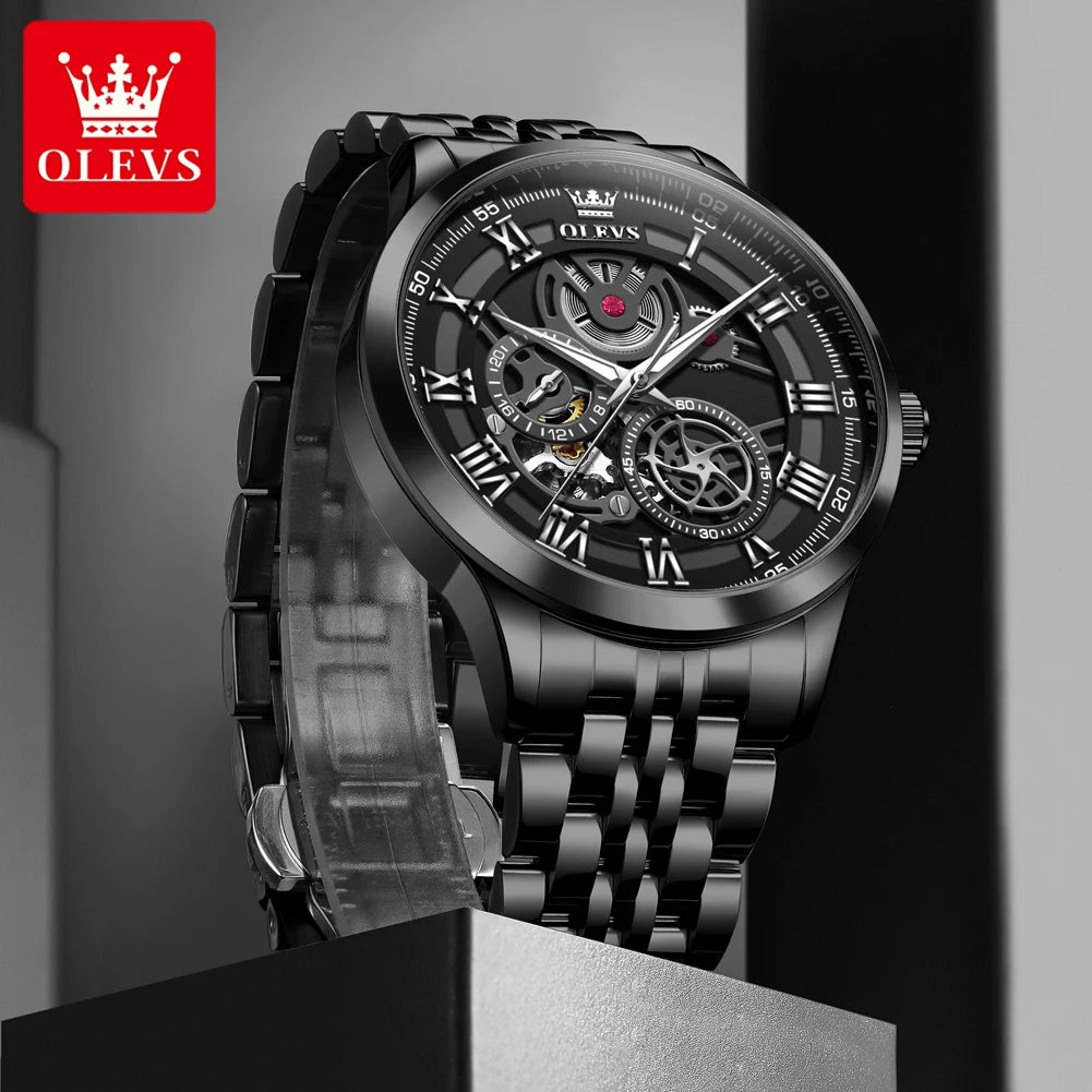 OLEVS 7076 Man Automatic Watch Fashion Hollow Mechanical Watch For Men Waterproof Stainess Steel Strap Roman Scale Hand Clock