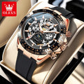 OLEVS 6713 Man Watch Hollow Moon Phase Mechanical Watch For Men Week Calendar Silicone Strap Automatic Hand Clock Waterproof