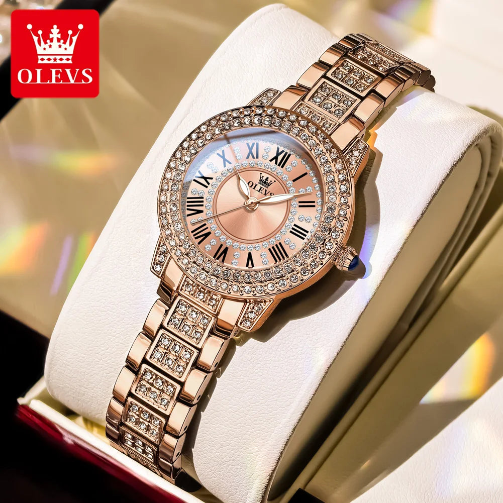 OLEVS Kadın Saatleri Lüks Orijinal Kuvars Bayan Kol Saati Su Geçirmez Rose Gold Çelik Kordon Romen Kadranlı Kadın Saati 9943