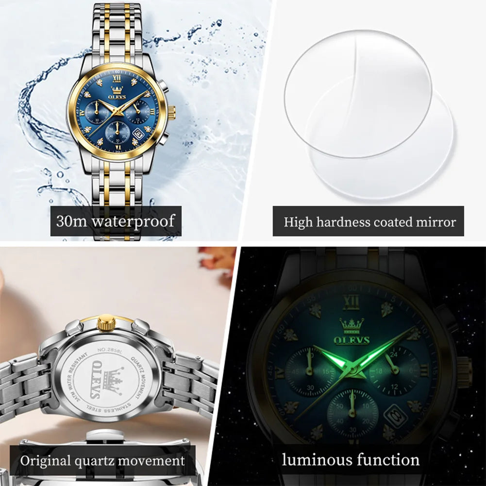 OLEVS 2858 Damenuhr Luxus Wasserdichte Datumsquarzuhr für Damen Diamantskala Chronograph Business Handuhr Stahlarmband