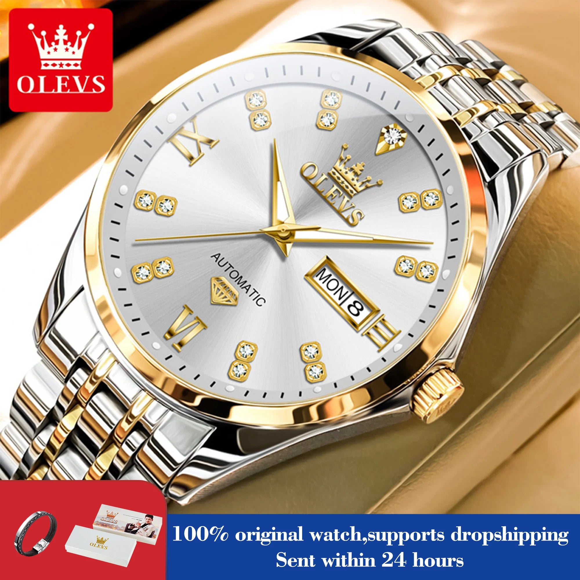 OLEVS 9801 Men Watch Waterproof Dual Calendar Luxury Mechanical Watch For Men Diamond Scale Stainless Steel Automatic Hand Clock