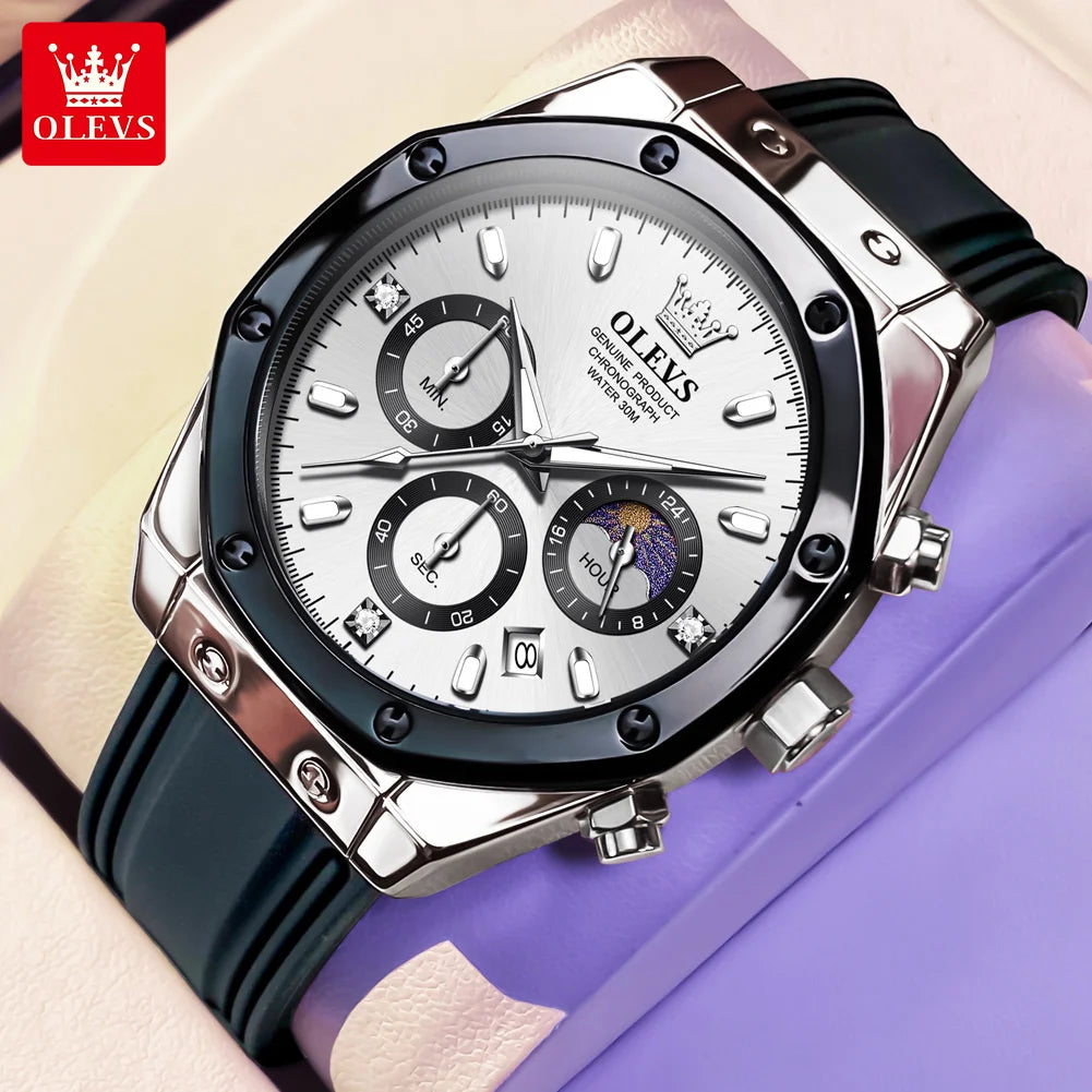 OLEVS 9911 Man Quartz Watch Big Dial Chronograph Watch For Men Moonswatch Date Fashion Waterproof Male Hand Clock Silicone Strap