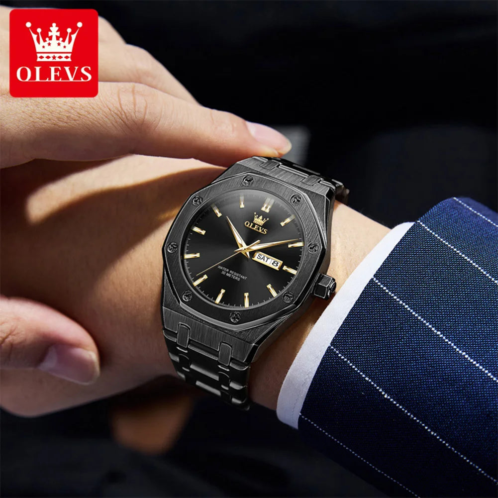 OLEVS 3726 Herrenuhr Chronograph Datum Wochentag Quarzuhren für Herren Edelstahl Luxus-Armbanduhr Wasserdicht Leuchtend Reloj