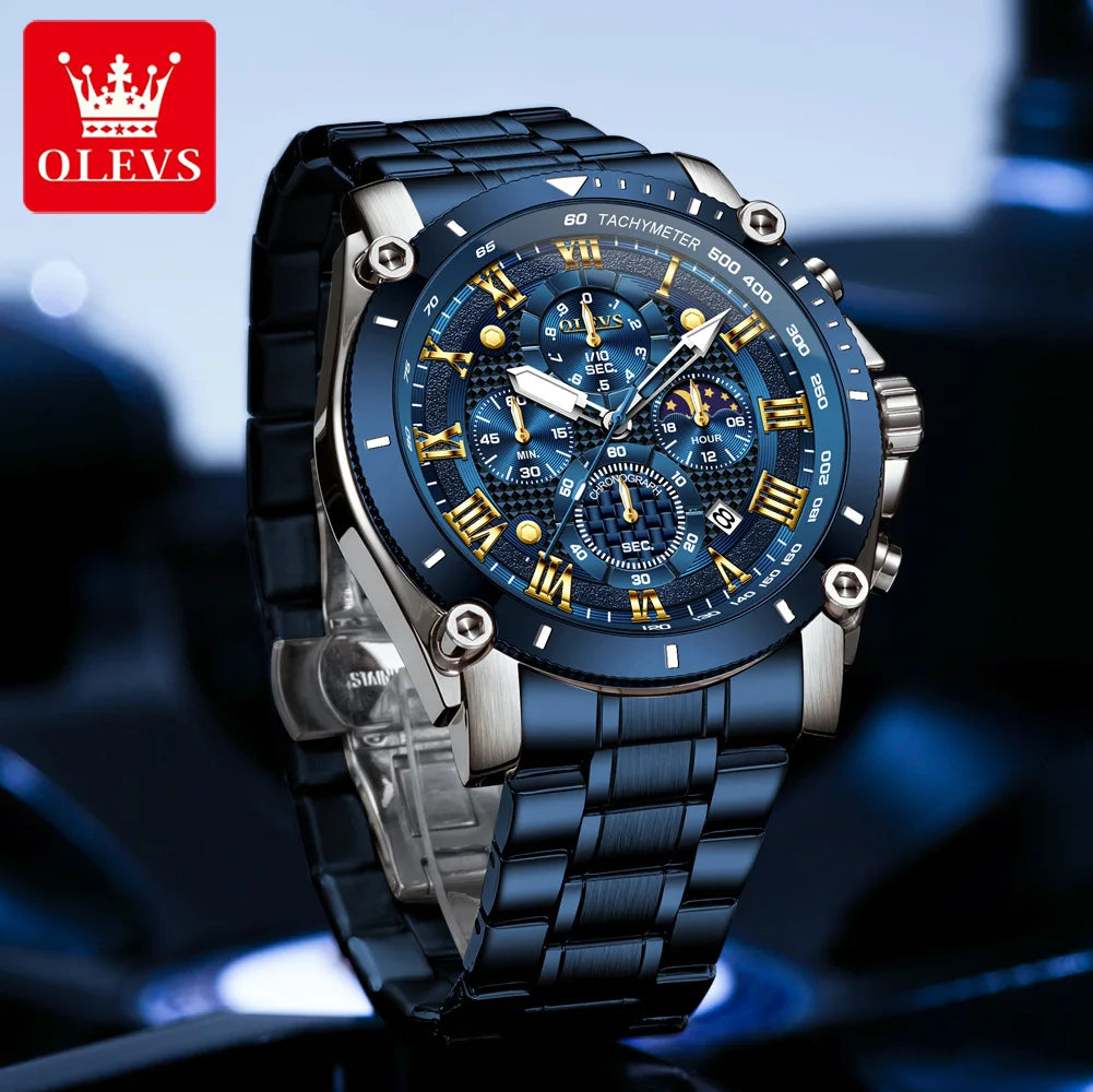 OLEVS 3689 Quarzuhr Herren Mode Original 47mm Großes Zifferblatt Römische Skala Mondphase Uhr Für Herren Kalender Wasserdicht Armbanduhr