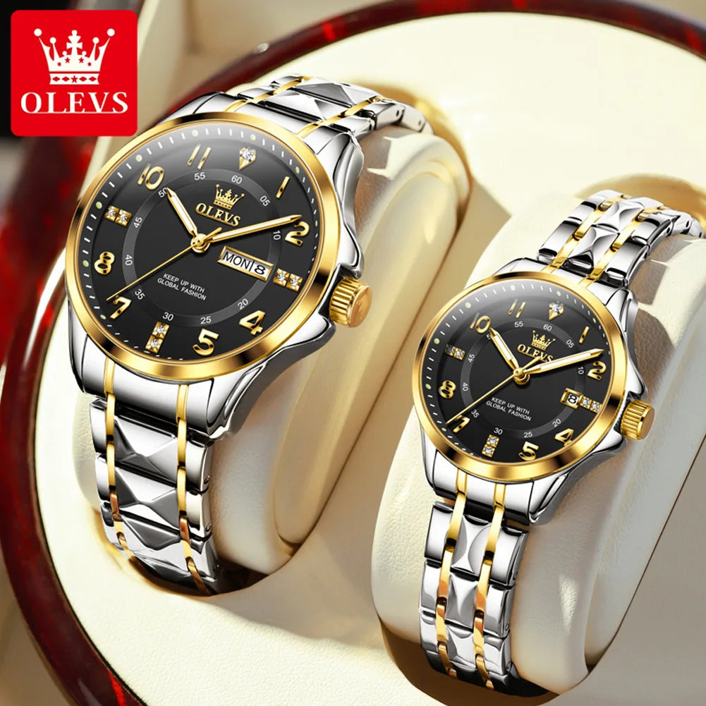 OLEVS 2910 Uhr für Herren und Damen, Luxuriöse Quarz-Paaruhren, Wasserdichte Edelstahl-Armbanduhr mit Diamant-Zifferblatt