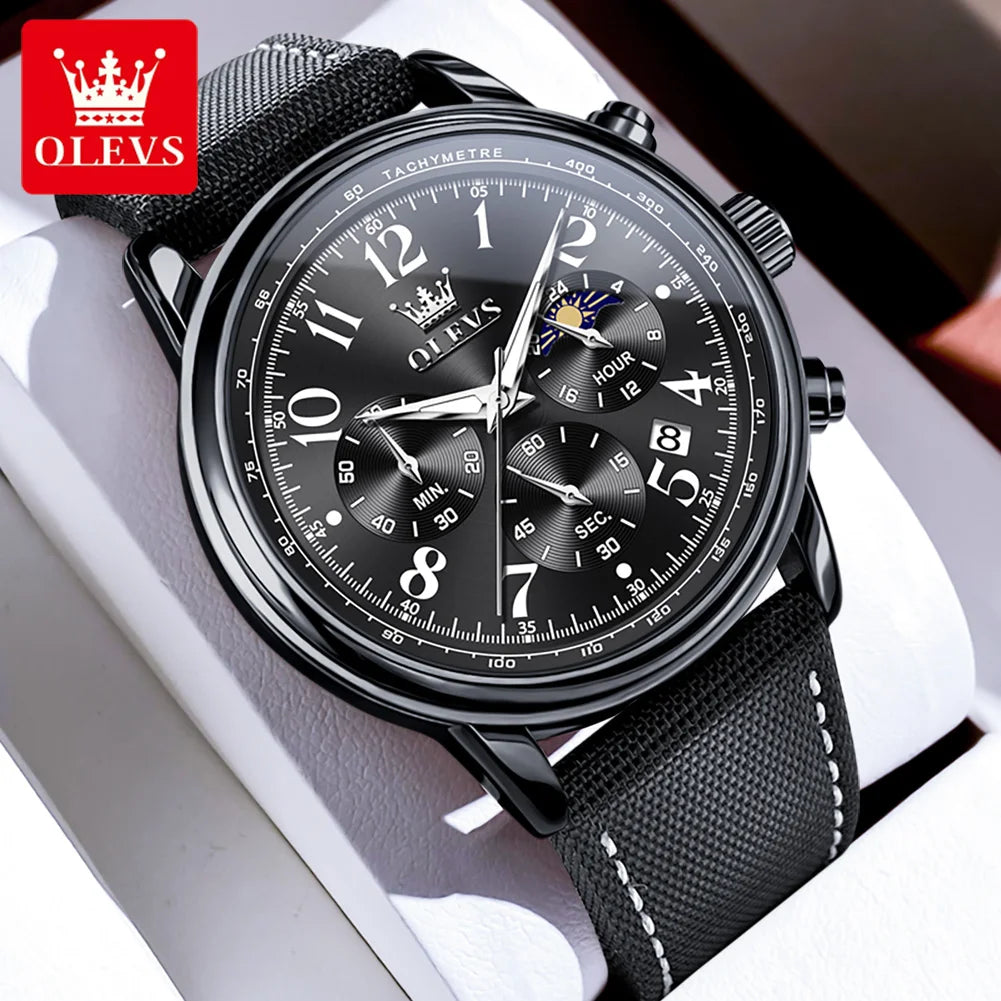 OLEVS 2912 Sport Chronograph Quarz-Uhr für Herren Mondphase Ziffer 43mm Großes Zifferblatt Herrenuhren Wasserdicht Original Armbanduhr