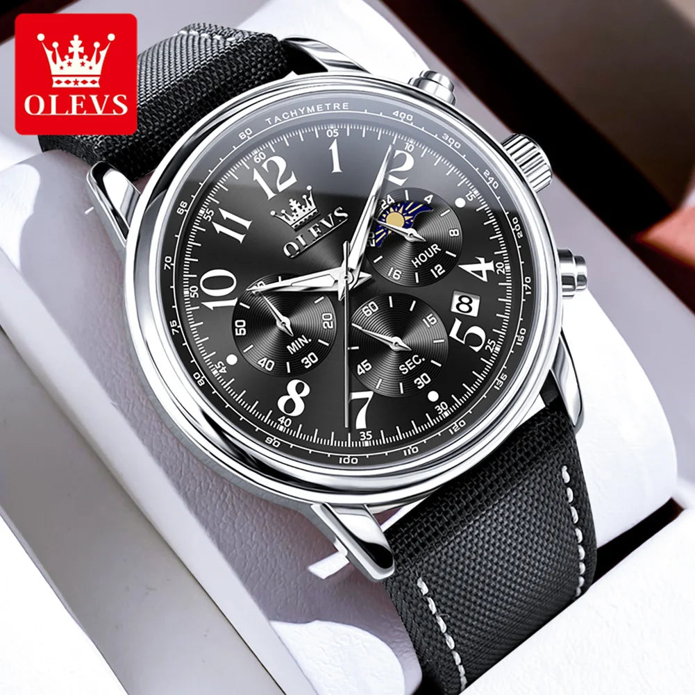 OLEVS 2912 Sport Chronograph Quarz-Uhr für Herren Mondphase Ziffer 43mm Großes Zifferblatt Herrenuhren Wasserdicht Original Armbanduhr