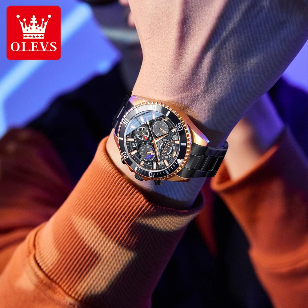 OLEVS 2990 Neue Taucheruhr Quarz Herrenuhr Chronograph Mondphase Wasserdicht Leuchtende Edelstahlarmband Sportuhren für Herren