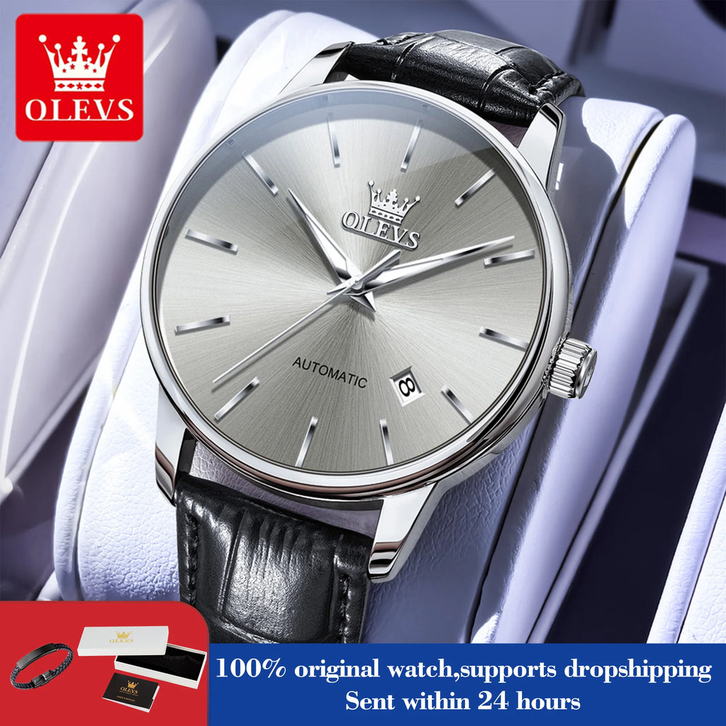 OLEVS 6725 Man Automatic Watch Classic Simple Mechanical Watch For Men Auto Date Original Waterproof Leather Male Hand Clock