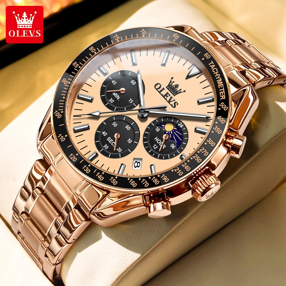 OLEVS 3618 Quarzuhr für Herren, originaler Chronograph, Mondphase, 24-Stunden-Anzeige, Armbanduhr, Edelstahl, Top-Marke Herrenuhr