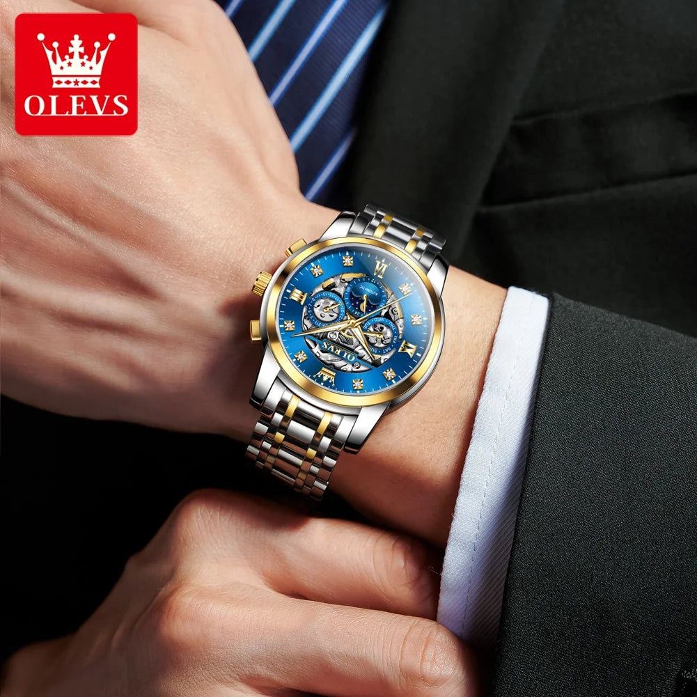 OLEVS 6721 Watch For Men Moon Phase Original Mechanical Man Watch Hollow Skeleton Auto Date Waterproof Diamond Scale Hand Clock