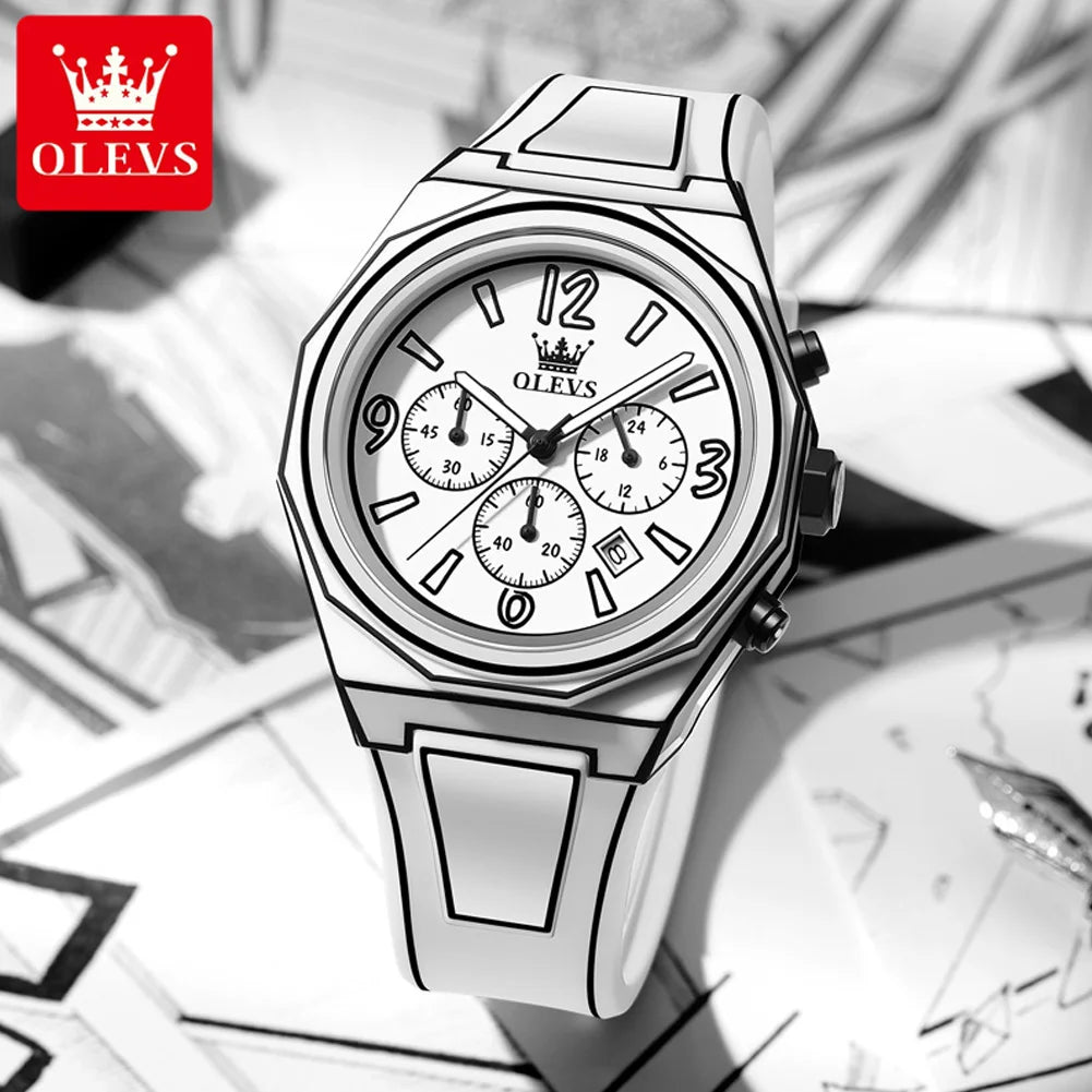 OLEVS 5622 Comic Style Quartz Watch For Men Chronograph Waterproof Luminous Hand Clock Number Scale Date Silicone Man Watches