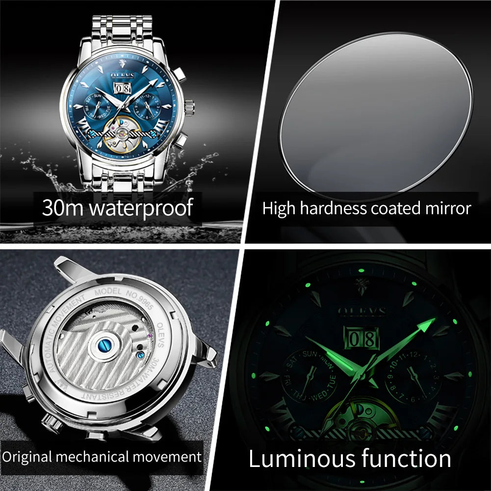 OLEVS 9965 Automatic Watch For Men Skeleton Flywheel Waterproof Men's Watches Week Calendar Luxury Man Mechanical Wristwatch