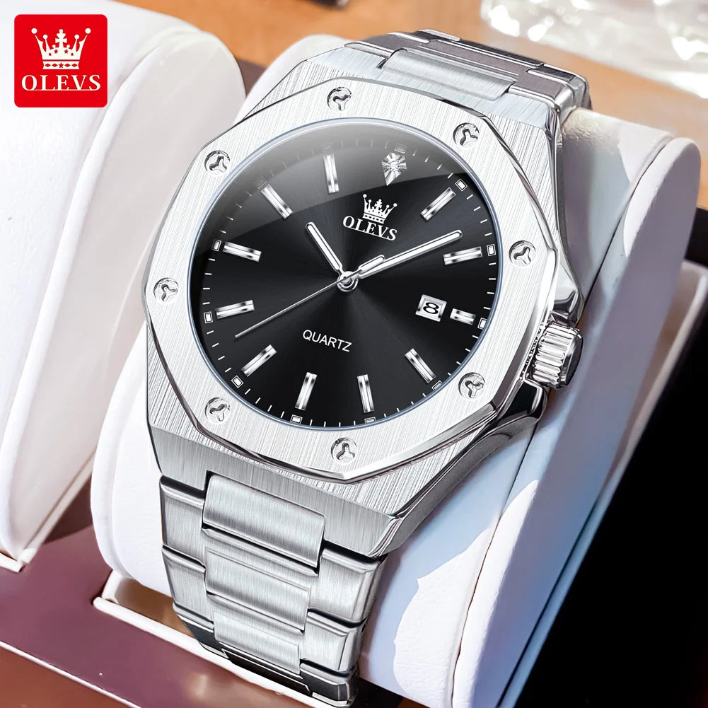 OLEVS 3613 Uhr für Herren, original luxuriös, Datum, Leuchtzeiger, Quarz, Business, Armbanduhr, wasserdicht, Edelstahlarmband, Herrenuhr
