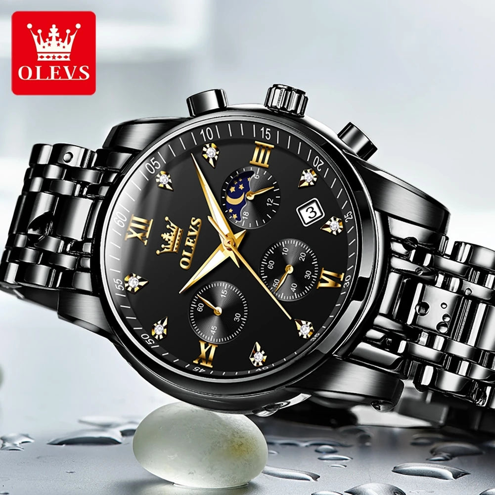 OLEVS 2858 Herrenuhr Diamantzifferblatt Mondphase Quarzuhr für Herren Edelstahl Wasserdicht Top-Marke Luxus Herren-Armbanduhr