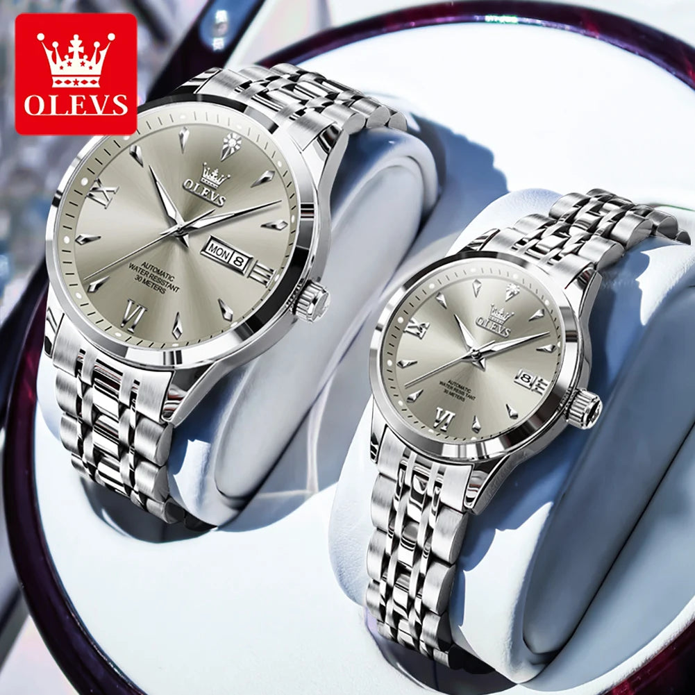 OLEVS 9956 Watches For Couple  Automatic Mechanical Watches Dual Calendar Original Stainless Steel Hand Clock Waterproof 9956