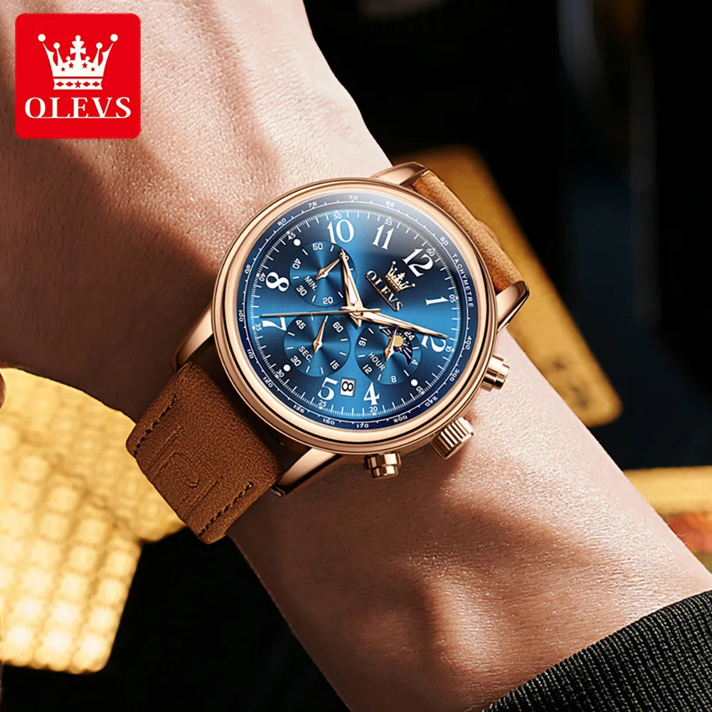 OLEVS 2912 Sport Chronograph Quarz-Uhr für Herren Mondphase Ziffer 43mm Großes Zifferblatt Herrenuhren Wasserdicht Original Armbanduhr