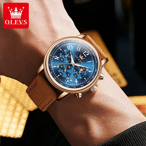 OLEVS 2912 Sport Chronograph Quartz Watch For Men Moon Phase Number 43mm Big Dial Man Watches Waterproof Original Hand Clock