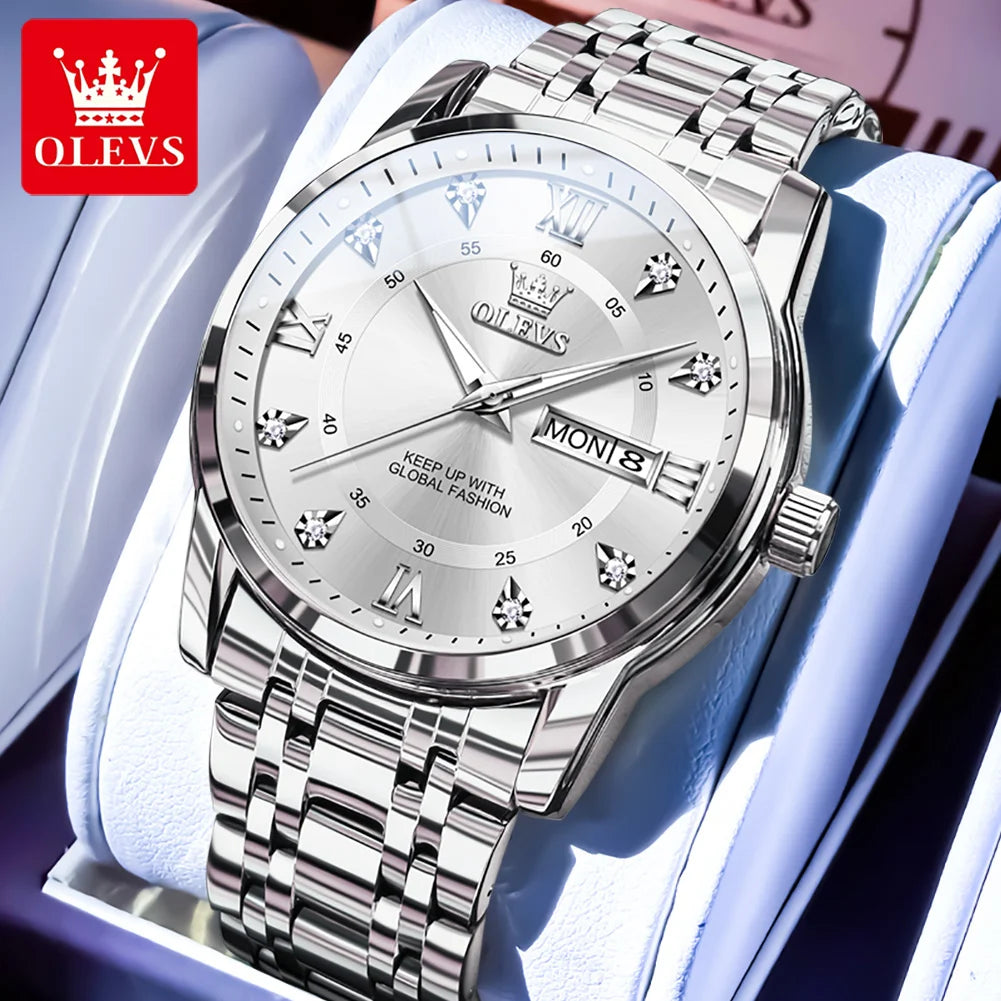 OLEVS 5513 Armbanduhr Herren Dual-Kalender Mode Quarzuhr Für Männer Diamant-Skala Edelstahl Luxus Herren Armbanduhr Wasserdicht