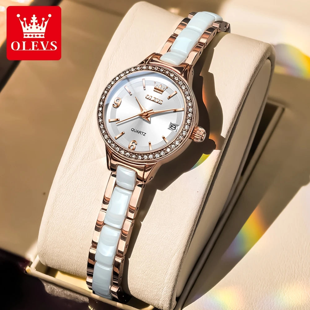 OLEVS 7093 Ladies Watch High Quality Elegant Original Quartz Wristwatch Waterproof Luminous Watches For Woman Ceramics Strap