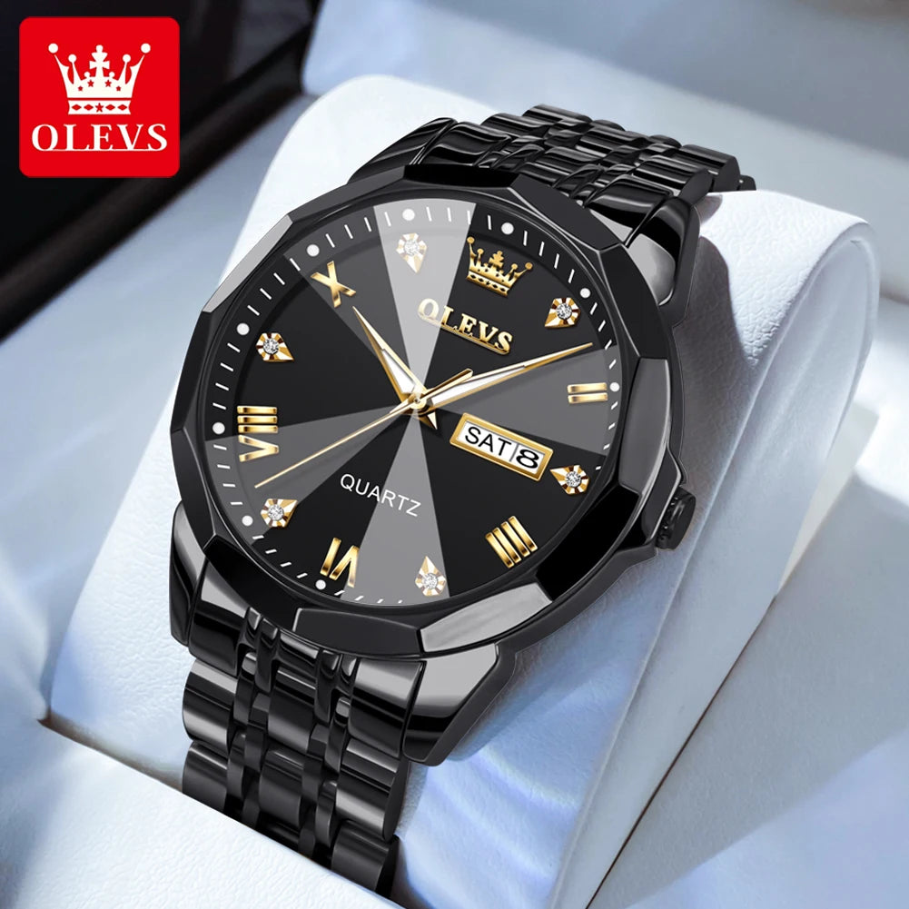 OLEVS 9931 Quartz Watch For Men Rhombus Mirror Waterproof Luminous Stainless Steel Wrist Watches Dual Calendar Man Hand Clock